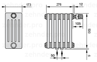 Схема (чертеж) Радиатор Zehnder Charleston 5050/6 №V008 Белый глянцевый RAL 9016